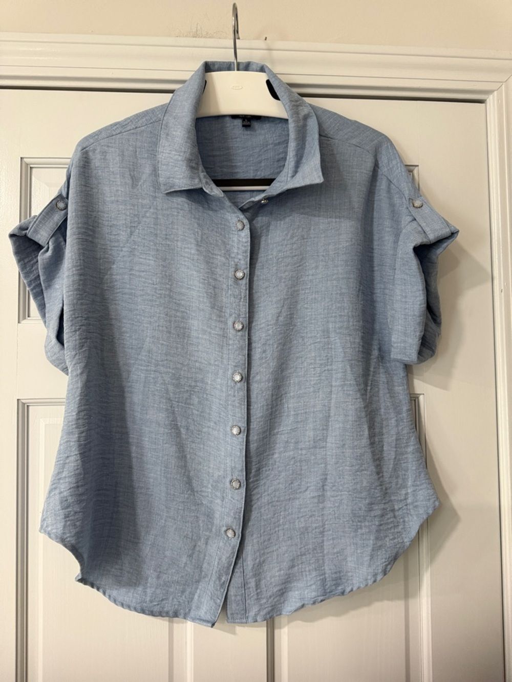 Batia New York Light Blue Button-Up Short Sleeve Shirt Blouse Size L